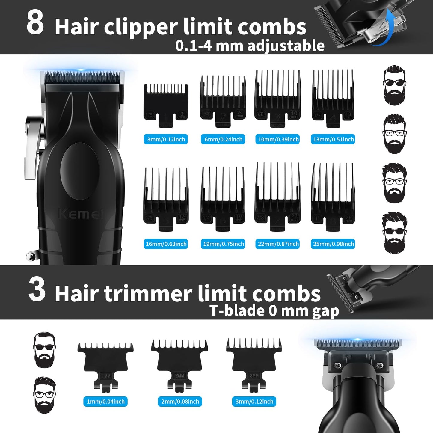KEMEI Hair Clipper and Trimmer Set Professional Cordless Hair Clipper for Men Electric Beard Trimmers Barber Hair Cuttings Kit, T Blade Trimmers for Men, KM-2296，KM-2299