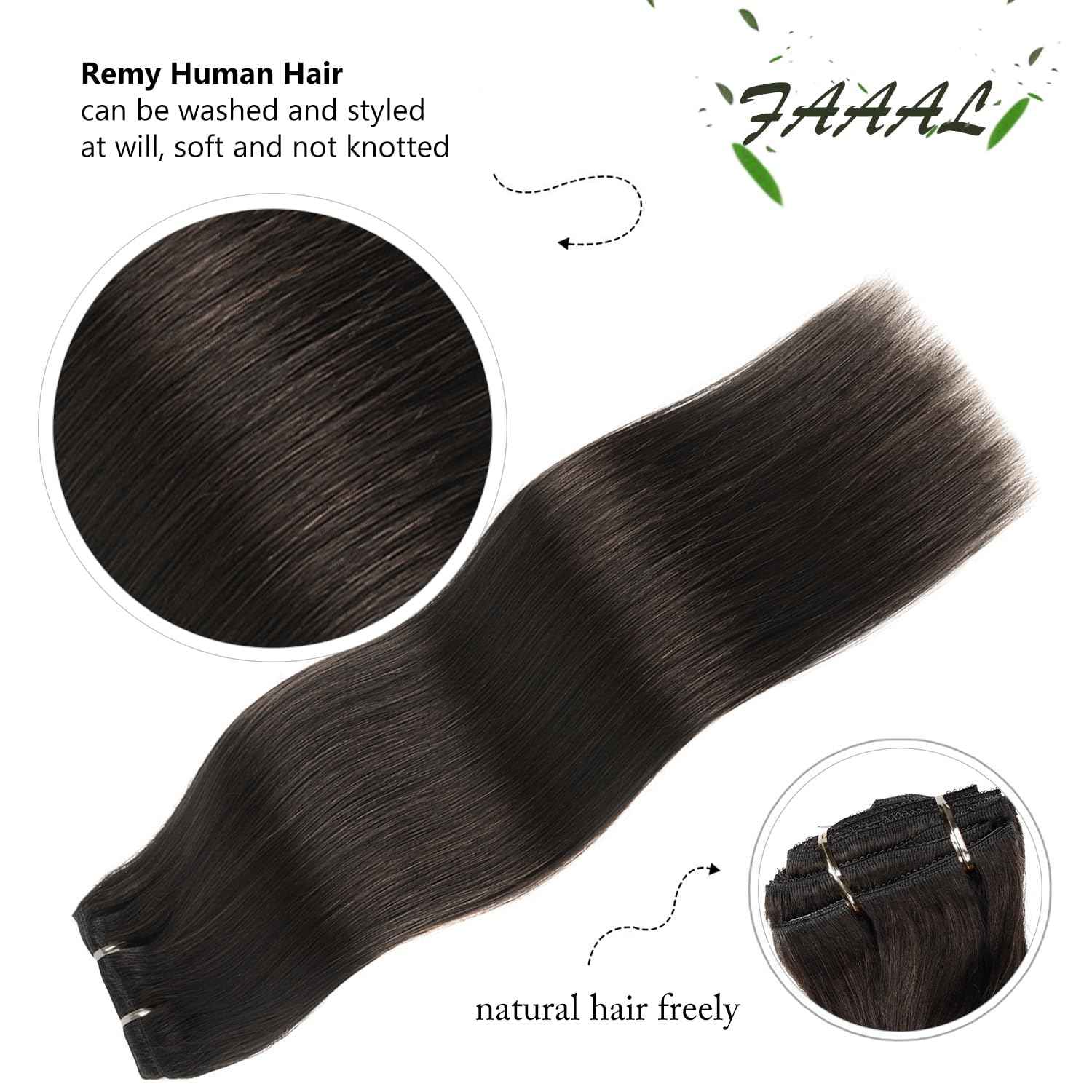 20" Clip in Human Hair Extensions Full Head 180g 7 Pieces 16 Clips 2# Dark Brown Double Weft Brazilian Real Remy Hair Extensions Thick Straight Silky (20" 180g, Dark Brown)