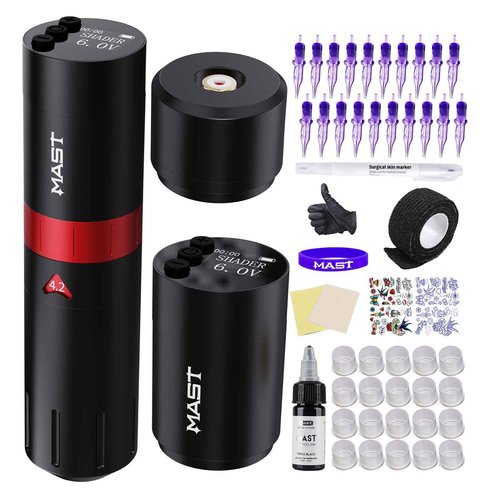 Tattoo Gun Kit - Mast Tattoo Flip2 Wireless Pen Machine Mcore-A Powerful Motor 6 Strokes Length 2 Batteries Power Supply Needles Cartridges Black Tattoo Ink for Beginners