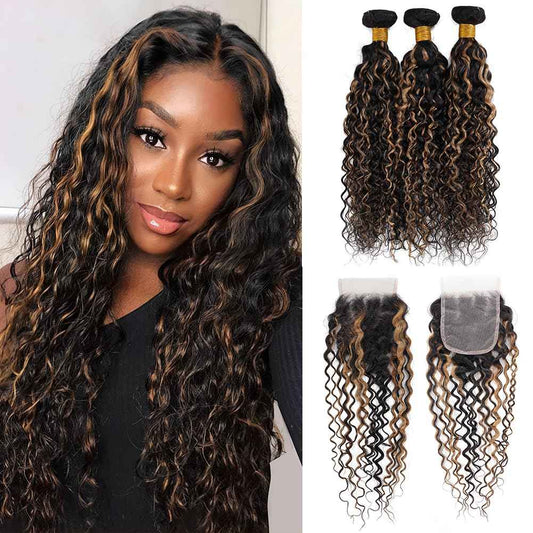 Highlight Water Wave Bundles with Closure Human Hair Honey Brown Balayage Curly Wave Human Hair Bundle 1B/27 Colored 3 Bundles with 4x4 HD Lace Closure Free Part (10 12 14+10)
