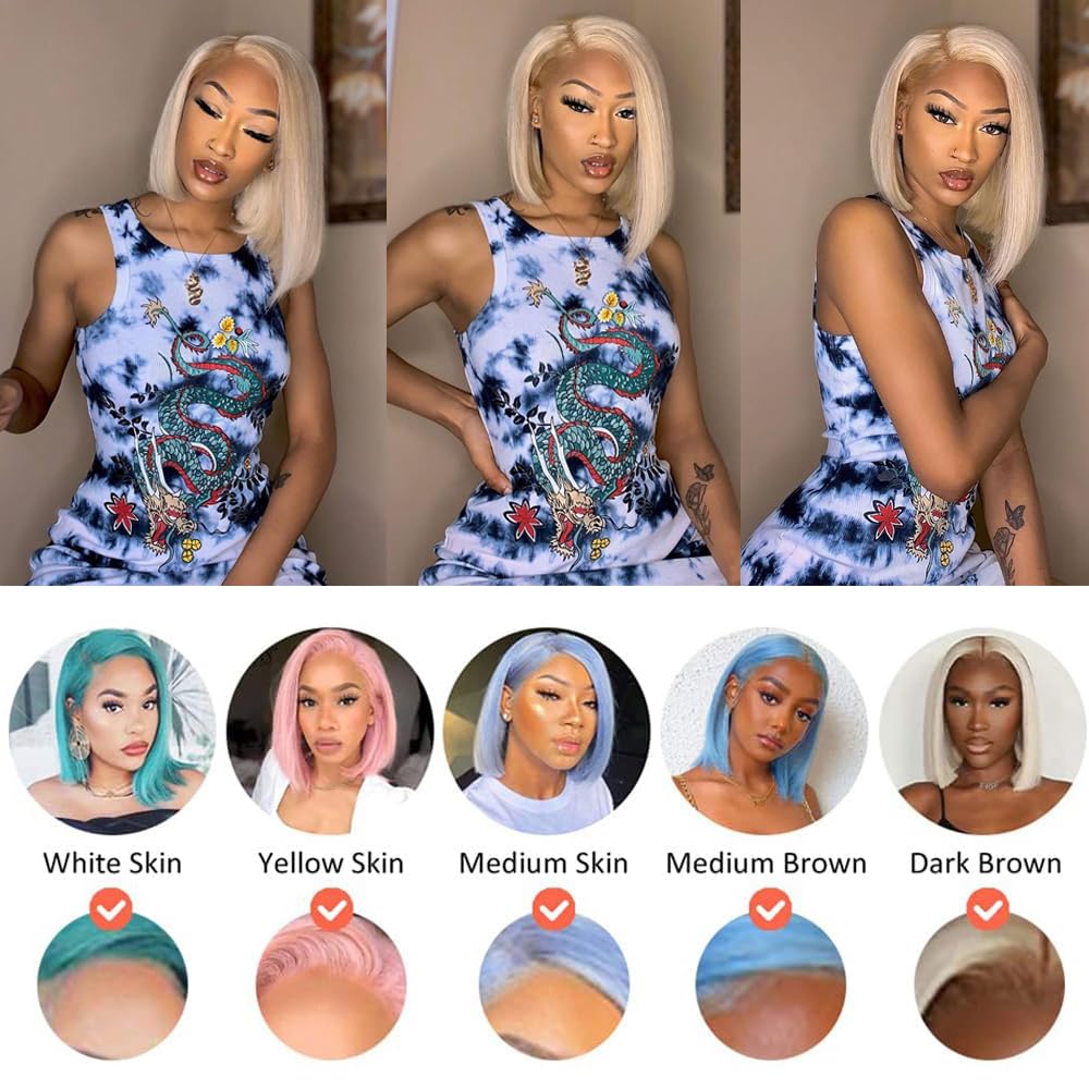 13x6 Blonde Lace Front Wigs Human Hair 613 Straight HD Transparent Lace Frontal Blonde Bob Wigs For Women 180% 16 Inch Brazilian Virgin 613 Bob Lace Front Wigs Human Hair With Baby Hair