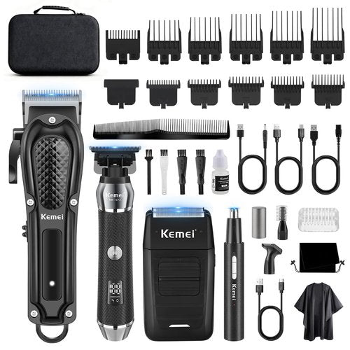 KEMEI Professional Hair Clippers for Men, Cordless Barber Clipper Beard Trimmer Foil Shaver Nose Eyebrow Ear Trimmer Set, USB Charging Complete Electric Hair Cutting Grooming Kit with 11 Guide Combs