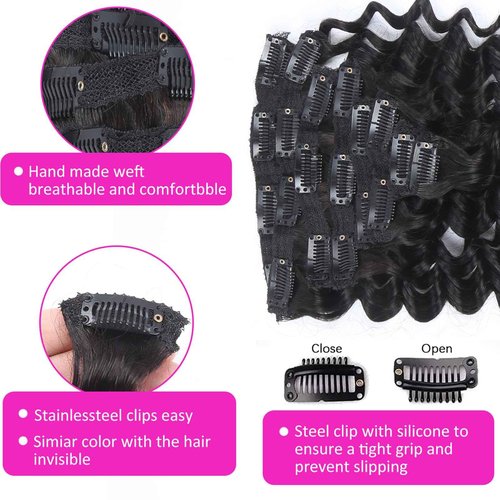 Curly Clip in Hair Extensions Real Human Hair 18inch 120g Invisible & Seamless 100% Brazilian Remy Human Extension Deep Wave Clip ins Extensions Double Weft 8 PCS with 20 Clips Natural Black