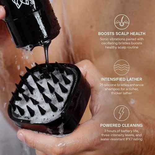 Black Wolf Shampoo & Conditioner for Men & Sonic Head Massager & Scalp Scrubber Bundle