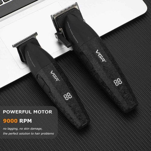 VGR 640 Professional Hair Clippers for Men, 9000RPM Cordless Barber Clippers and Trimmers Set, Zero Gap T-Blade Hair Cutting Kit, DLC Coated Ceramic Blade Barber Kit with LED Display(Black)