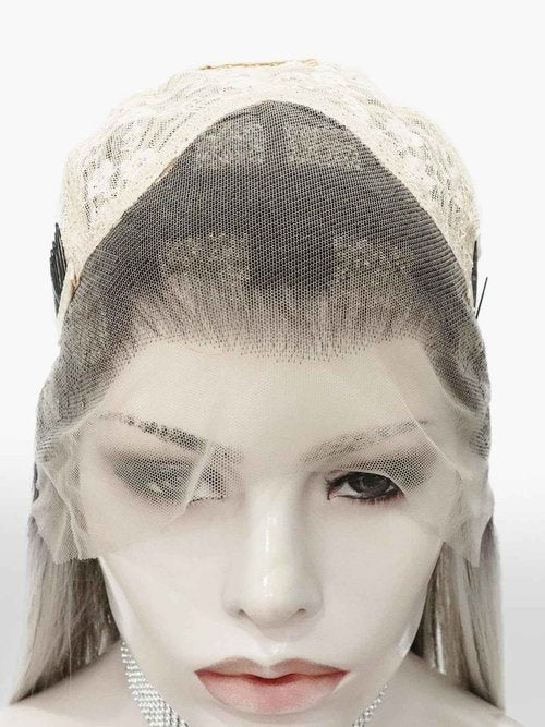 IMSTYLE Sliver Mist Grey with Highlights and Dark Roots 28 Inches Free Part Synthetic Lace Front Wig