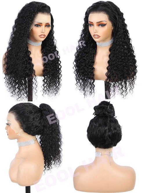eool Hidden Strap 360 Drawstring Full Lace Front Wigs Human Hair Pre Plucked 200 Density Deep Wave 360 Invisible Drawstring Glueless Wet And Wavy HD Lace Front Wig Human Hair For Black Women 16 Inch