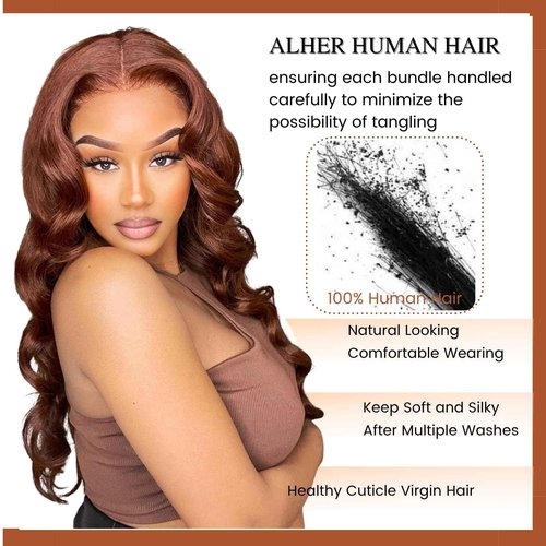 ALHER #33 Reddish Brown Body Wave 13x4 Lace Frontal Human Hair 22 Inch, Copper Brown Auburn Colored HD Transparent Lace Frontal Closure Ear to Ear 100% Virgin Remy Human Hair 150% Density