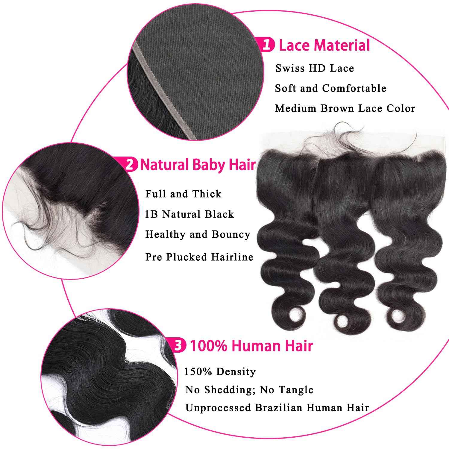13x4 Body Wave HD Lace Frontal Human Hair 18 inch Brazilian Virgin Human Hair Pre Plucked Hairline 150% Density Ear To Ear Transparent Lace Frontal Closure Natural Black Color