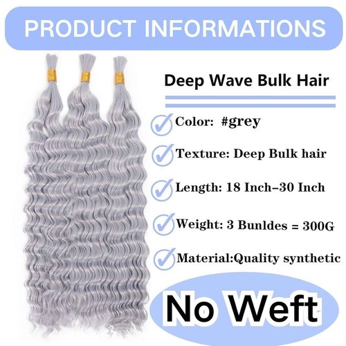 Ubinica Grey Deep Wave Braiding Human Hair 2 Bundles Total 100g 18 Inch Deep Wave Bulk Braiding Hair for Boho Braids