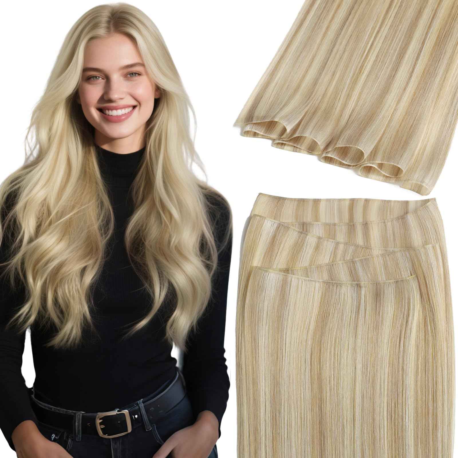 Lacer Sew in Genius Weft Real Human Hair Extensions One Piece Remy Human Hair Extensions Genius Weft Light Brown with Platinum Blonde Sew in Human Hair 18 Inch 50g for Women