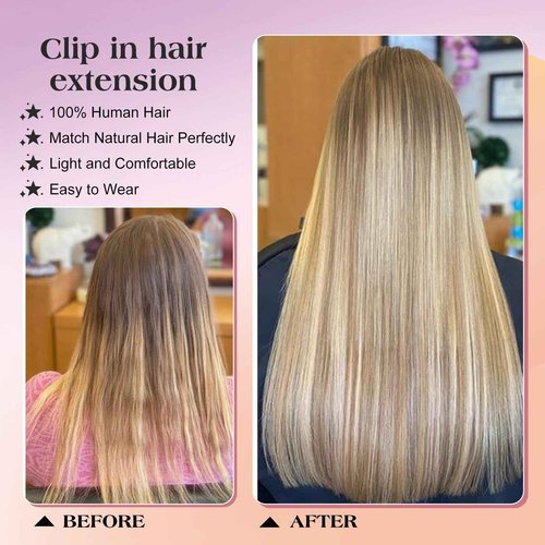 Royaomis Clip in Hair Extensions Real Human Hair, 18inch 140g 7pcs Human Hair Clip in Extensions for Women, Remy Blonde Hair Extensions Clip Ins, Soft & Natural Human Hair Extensions(18-#P18_613)