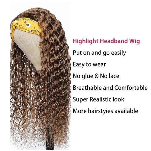 P4/27 Deep Wave Headband Wig Brown And Honey Blonde Human Hair Headband Wig 130% Density Grade 8A Brazilian Remy Hair Machine Made Wigs 18 Inch