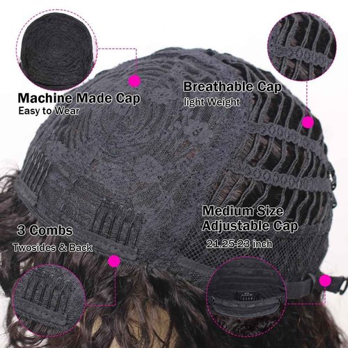 ManeMajesty 22 Inch Wet and Wavy Wig with Bangs, Glueless Non-Lace Front, 150% Density Brazilian Virgin Human Hair, Machine Made Curly Bob Wig for Women, Fs4/27 Brown with Blonde