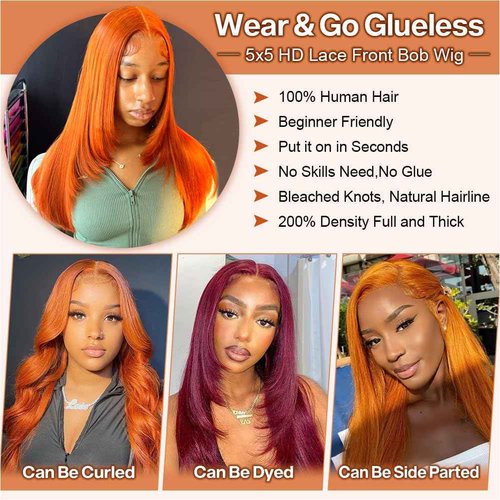 Ailwelia Wear and Go Glueless Bob Wig Human Hair 200% Density 5x5 HD Lace Closure Wigs For Black Women Glueless 5x5 Closure Wigs Human Hair Pre Plucked Bob Ginger Color 24 Inch