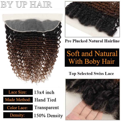 Unprocessed Brazilian Virgin Human Hair #1b/30 Lace Frontal Pre Plucked with Baby Hair (16inch) - Deep Wave Ombre, Ear to Ear Transparent Lace Frontal Closure, 13x4