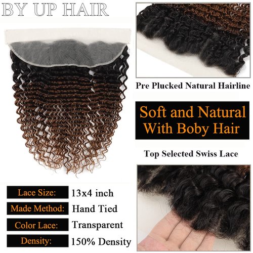 1B/30 Deep Wave Transparent Lace Frontal Closure Ear To Ear Ombre Frontal 12A Unprocessed Brazilian Virgin Human Hair #1b/30 Pre Plucked with Baby Hair (20inch)
