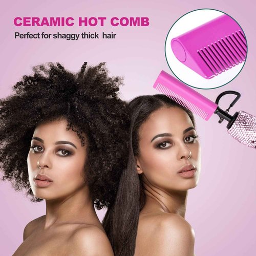 LURA Pink 180-500°F Hot Comb Electric for Wigs,Straightening Comb for African American Hair,Pressing Combs,Bling Diamonds Hair Straightener Brush for Women