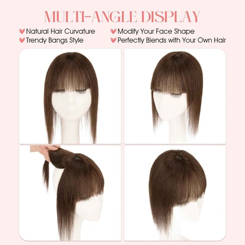 Hairro Mono Hair Toppers with Bangs, 3.4" x 3.4" Mono Base 100% Real Human Hairpieces for Women, 150% Density Clips In Topper for Greyish Thinning Hair, 10 Inch Dark Brown