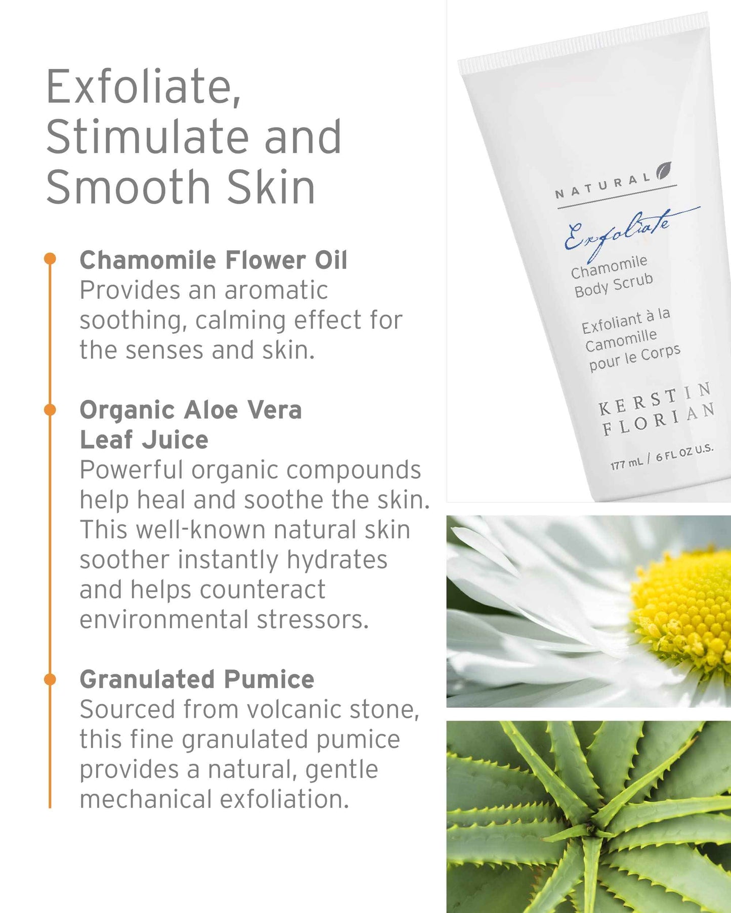 Kerstin Florian Natural Chamomile Body Scrub | Exfoliating Body Wash for Smooth Skin | Gentle Buffing Grains Reveal Skin's Natural Glow | Organic Bath and Shower Skincare | 6 fl oz