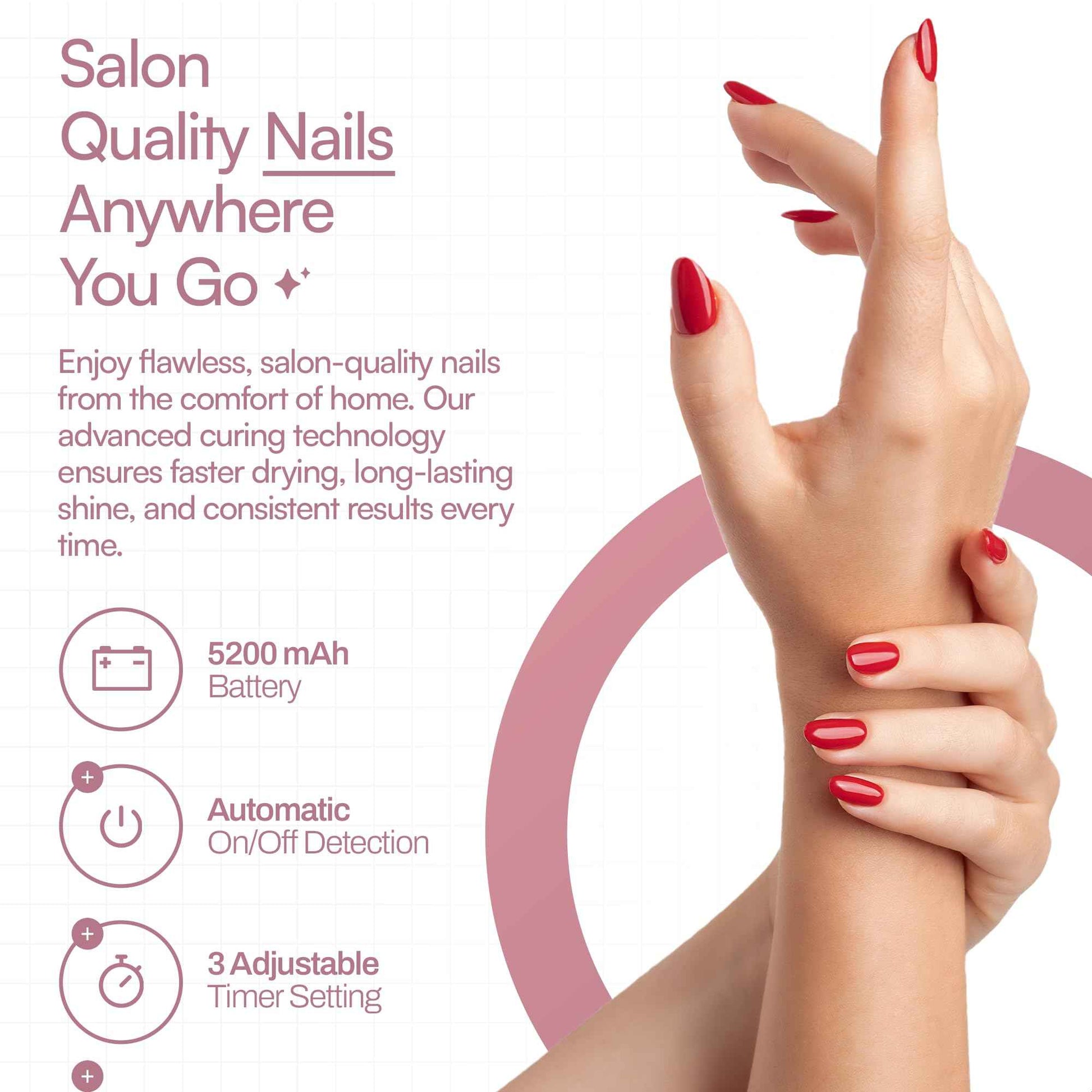 M - HaloLite LED Nail Curing Lamp 98W, 32 LEDs, Wireless Rechargeable with 5200mAh Battery, Fast UV/LED Gel Nail Dryer for Salon & Home Use, Long-Lasting, Portable, Cordless Design (Pink)