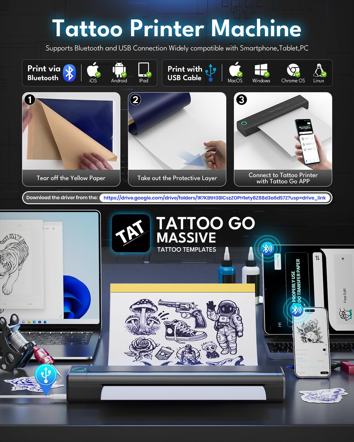 2025 New Wireless Tattoo Stencil Printer with 10 pcs of Transfer Paper,Tattoo Printer Machine for Tattoo Artists& Beginners,Compatible with Phone&PC