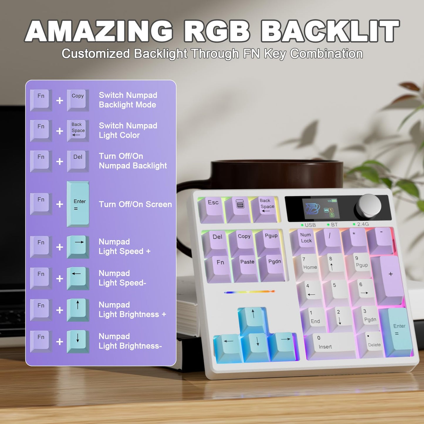 ZMX X BOYI TD31Pro Mechanical Number Pad,30 Keys Hot Swap Wireless BT5.0/2.4GHz/Type-C Wired Numeric Keypad Programmable RGB Gaming Numpad Keyboard with Knob Screen for Laptop/Mac (White-Purple)