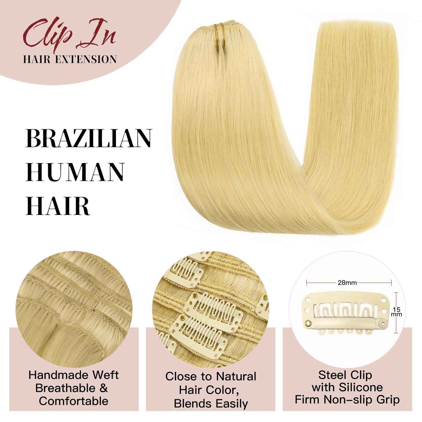 LOVELINE Clip in Hair Extensions Real Human Hair, 100% Remy Human Hair Extensions Clip Ins for Women, 7Pcs 14Inch 120g, Bleach Blonde