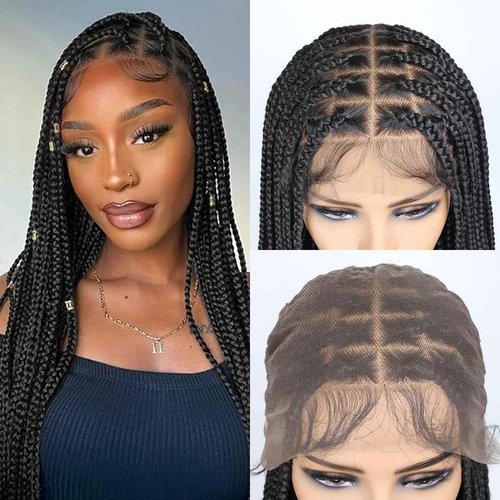 lounoke 13x8 Braided Lace Front Wigs for Black Women, 36 inch Knotless Box Braids Wigs with Baby Hair, Black Synthetic Medium Braided Wig
