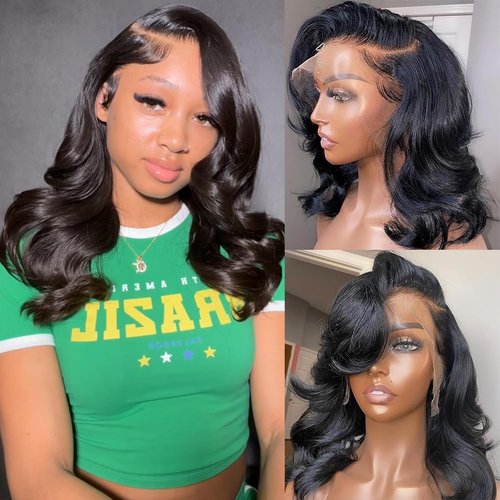 Zojj Bob Wig Human hair 16Inch 13x4 Body Wave HD Lace Front Wigs Human Hair Pre Plucked 180 Density Glueless Human Hair Wigs for Women Frontal Bob Wigs Natural Black Color