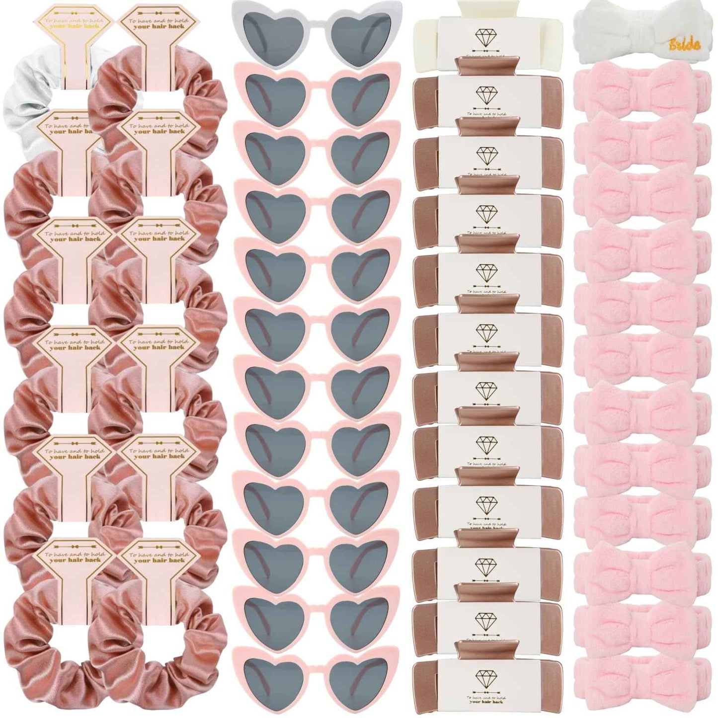 Loanzeg Bridesmaid Scrunchies Proposal Hair claws clips Set of 12 Bridal Shower heart sunglasses Gifts for Wedding Bachelorette Party Favors (48pcs White&rose gold)