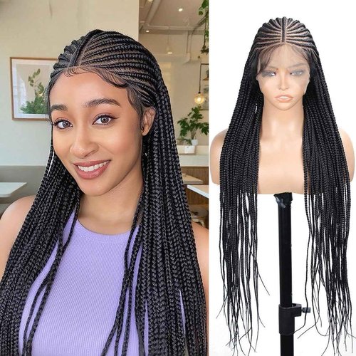 Vecago 36 Inch Cornrow Braided Wigs for Black Women, Knotless 13x8 Box Braid Lace Front Wigs with Baby Hair Black Synthetic Corn Braid Wig