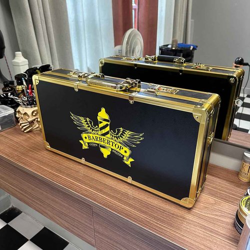 BARBERTOP Professional Barber Supplies Case, Barber Cases for Clippers and Supplies, Hairdressing Tools Storage Case with Handle and Secure Numlock, Barber Travel (Golden)