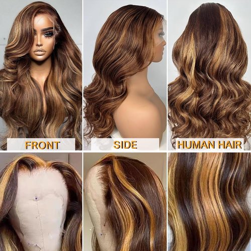 Azkiu Highlight Ombre Lace Front Wig Human Hair 13x4 HD 4/27 Honey Blonde lace frontal Wigs Pre Plucked with Baby Hair 150% Density Colored Body Wave Lace Front wig Human Hair Natural Hairline 14Inch