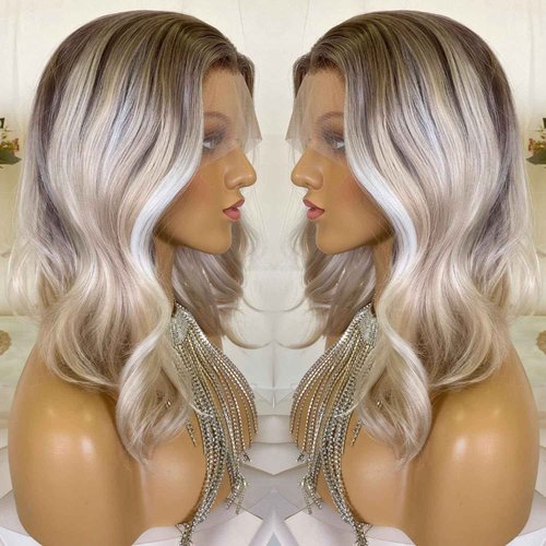 CIMITIKI Short Ash Blonde Wigs Highlight Platinum Color Ombre Silver Hair Bob Style 13x4 Lace Front Wig 14Inch Pre Plucked for Women Girls