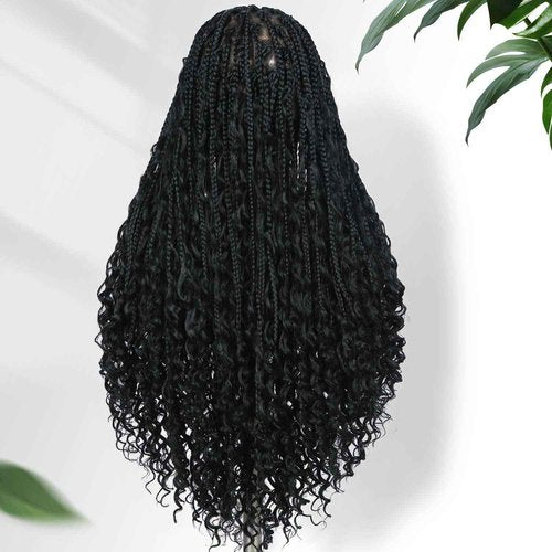 Fancy Hair Braided Wig Square Knotless Boho Box Braided Wigs with Curly Ends Full Double Lace Glueless Braids Wig with Baby Hair Synthetic Black Braided Wig for Black Women