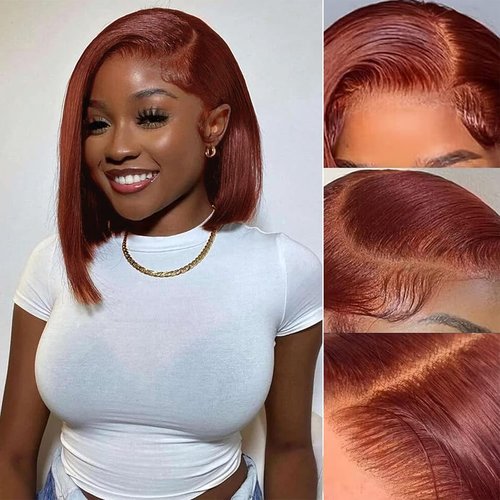 RQY Reddish Brown Bob Wig Human Hair 13x4 Color Straight Lace Front Wigs Human Hair Bob 180% Density Short Brown Lace Front Wigs Human Hair Per Plucked with Baby Hair（33# Brown Bob Wig 14inch）
