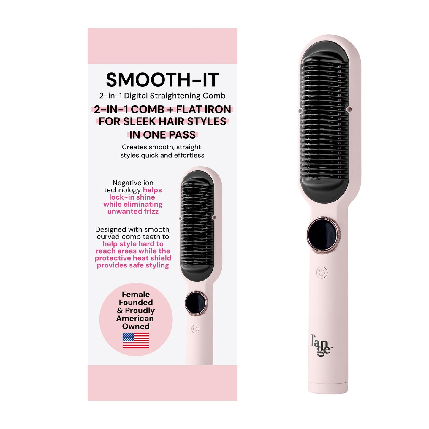 L'ANGE HAIR Smooth-It 2-in-1 Hot Comb Straightener | Digital Straightening Comb with Adjustable Heat Dial | Ionic Technology for Frizz-Free Styling | for All Hair Types (Digital Comb - Blush)