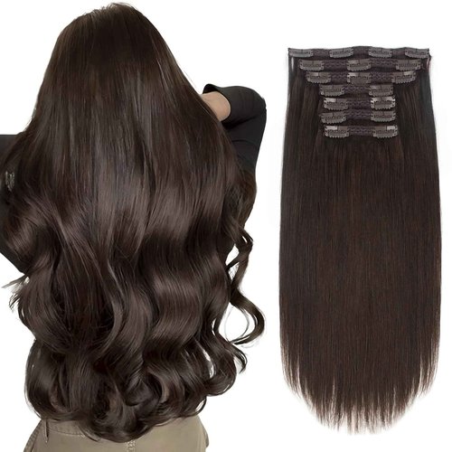 Sixstarhair Clip In Hair Extensions Real Human Hair Dark Brown Clip In Hair Extensions Remy Human Hair 140g 7 Pieces Per Pack Silky Straight Hair Extensions for women [Color 2 Dark Brown 16inch]
