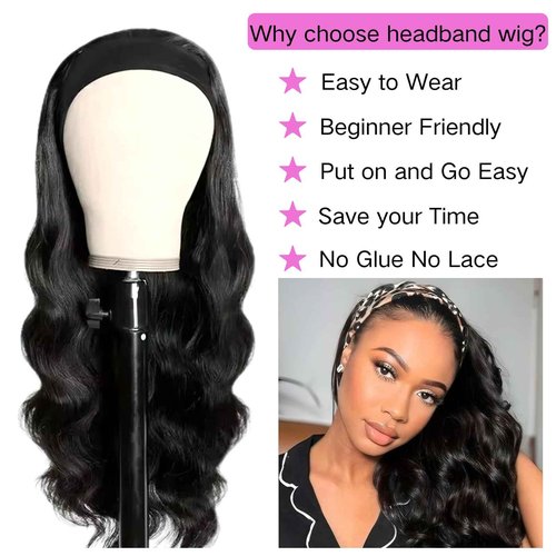 Comfair Headband Wig Human Hair Body Wave 22 Inch Glueless No Sew Headband Wig 100% Brazilian Virgin Hair 180% Dencity Wear and Go Headband Wigs for Black Women Natural Color Beginner Friendly