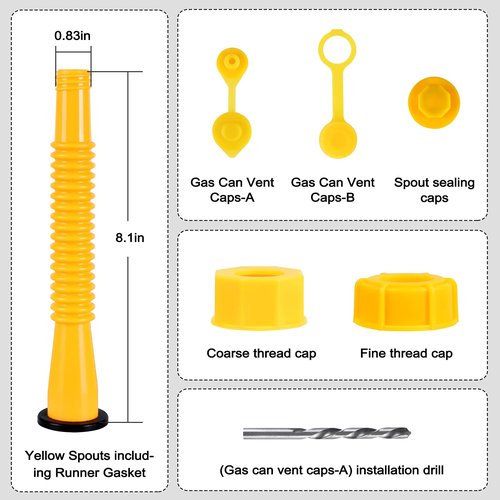Gas Can Spout Replacement, Gas Can Nozzle Replacement (3 Kits-Yellow). for 1/2/5/10 gallon gas cans. Upgraded replacement gas can spout with flexible nozzle, vent cap, thick rubber pad, spout cover