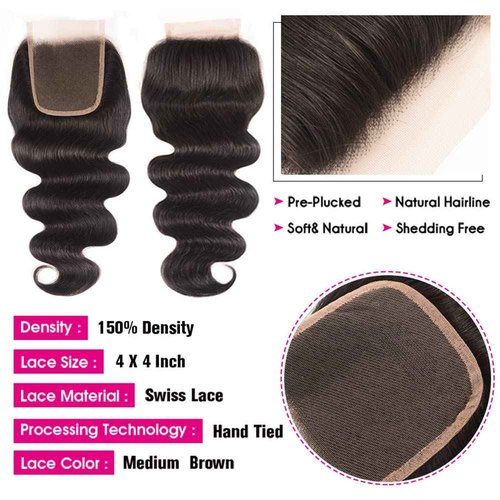 Body Wave Bundles with Closure for Black Women(10 12 14+10)100% Unprocessed Brazilian Body Wave Human Hair 3 Bundles with 4X4 Lace Closure Free Part Natural Color