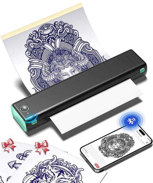 Phomemo Tattoo Stencil Printer, M08F Wireless Thermal Tattoo Printer with 10pcs Transfer Paper, Compatible with Phone/Tablet/PC, Tattoo Supplies for Tattoo Artists, AI Image Generation, Black & Green