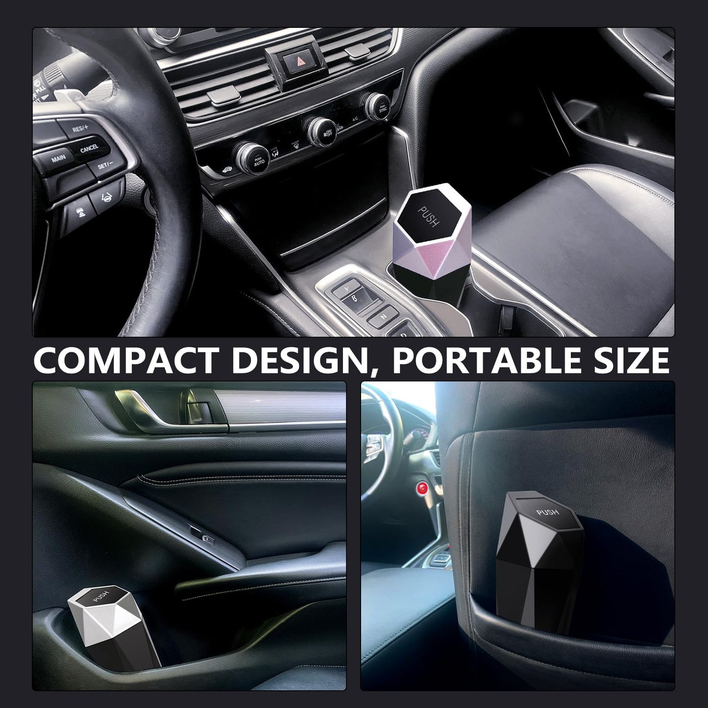 Ginsco Car Trash Can Cup Holder, 2 Pack Mini Car Trash Can with Lid, Car Accessories for Interior, Leakproof Small Trash Cup for Car, Home with Additional 2 ABS Hooks and 90pcs Trash Bags Black Silver