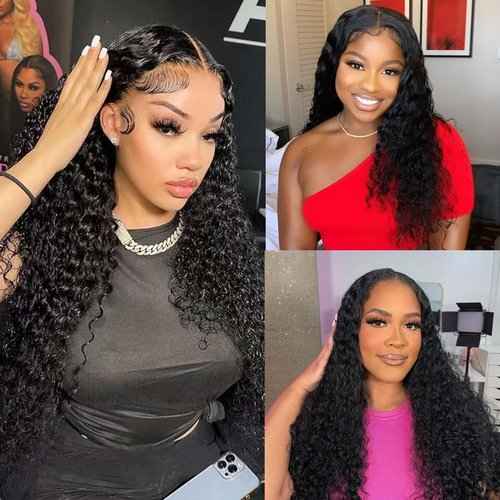Deep Wave Lace Front Wig for Black Women - 20 inches Natural Black 180% Density Glueless 4X4 Lace Front Deep Wave Human Hair Wigs