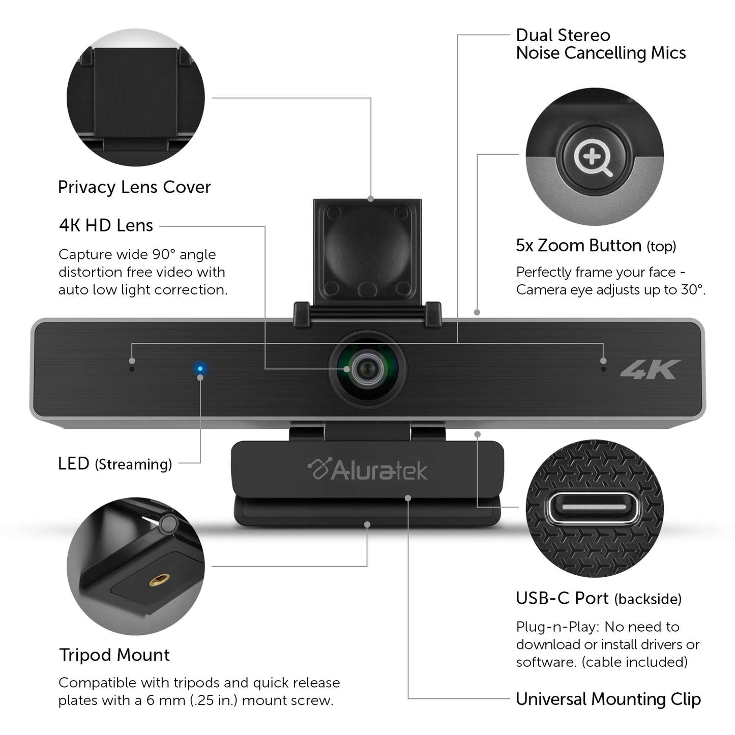 Aluratek HD 1080P Video Webcam for PC, MAC, Desktop & Laptop, Video Call, Conference, USB