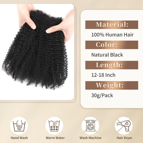 Afro Kinkys Bulk Human Hair for Mini Twist, Braiding, Loc Repair, Kinky Curly Hair, Natural Afro Bulk for Dreadlocks 3 Packs 90 Gram Natural Black Color(1B, 18 Inch）