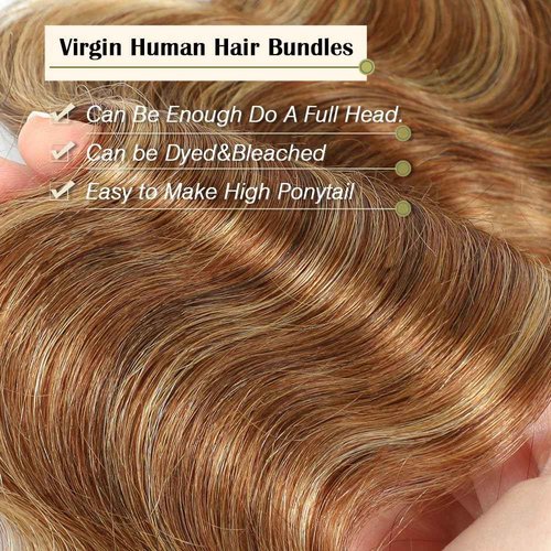 Ombre Human Hair 3 Bundles 14 16 18 Inch Ombre Highligh Body Wave Human Hair Bundles Brown 12A 100% Unprocessed Brazilian Virgin Remy Hair Bundle Double Weft Hair Extensions for Black Women