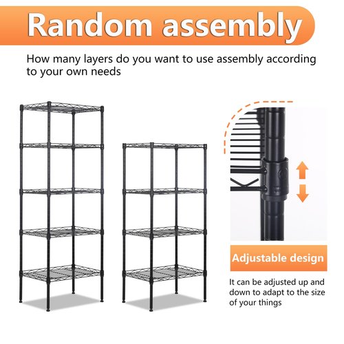 BestOffice | 5-Tier Wire Storage Shelves | 17x12x48 | Black | with Adjustable Racks | Heavy-Duty Metal Shelf, Holds Upto 750 lbs | No-Tool Assembly | Ideal for Home & Garage Shelving