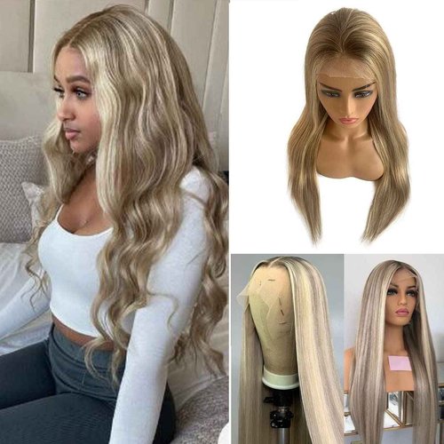 13x4 Transparent Brown Ombre Lace Front Wig Human Hair for Women,Highlight Ash Brown to Blonde Lace Front Wigs Glueless Straight Soft Brazilian Human Hair Pre Plucked Hairline with Baby Hair(#8/18/60)